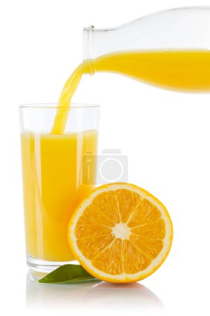 Photo for Orange juice pouring pour fruit glass bottle isolated on a white background - Royalty Free Image