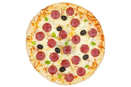 Photo for Pizza pepperoni salami from above isolated on a white background - Royalty Free Image