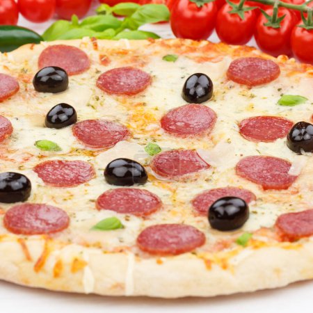 Foto de Pizza pepperoni salami baking ingredients close up square on wooden board wood - Imagen libre de derechos