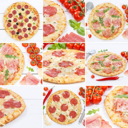 Photo for Pizza collection collage ham salami prosciutto square food ingredients set - Royalty Free Image