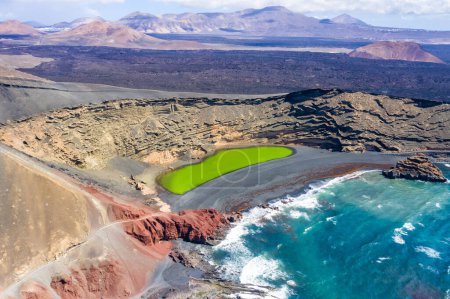 Photo for Green lake aerial view Charco de Los Clicos Verde near El Golfo on Lanzarote island travel on Canary Islands in Spain - Royalty Free Image