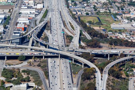 Photo for Aerial view of highway interchange San Diego and Century Freeway city traffic in Los Angeles, USA - Royalty Free Image
