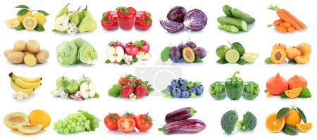 Photo for Fruits and vegetables background collection isolated on white with apple lemon tomatoes orange fresh fruit collage - Royalty Free Image