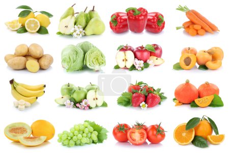 Photo for Fruits and vegetables background collection isolated on white with apple tomatoes orange fresh fruit collage - Royalty Free Image