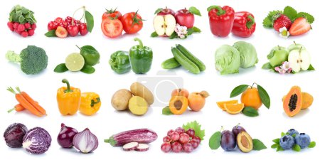 Photo for Fruits and vegetables collection isolated on white banner with apple tomatoes orange lettuce fresh fruit berries - Royalty Free Image