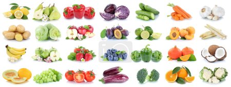 Photo for Fruits and vegetables background collection banner isolated on white with apple lemon tomatoes orange fresh fruit collage - Royalty Free Image