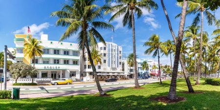 Photo for Miami Beach, United States - November 15, 2022 Ocean Drive with hotels in Art Deco architecture style panorama in Miami Beach Florida, United States. - Royalty Free Image