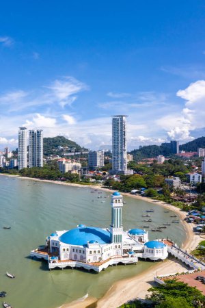 Photo for Aerial photo of the islam Floating Mosque portrait format on Penang island in Malaysia - Royalty Free Image
