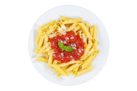 Photo for Penne Rigatoni Rigate isolated on a white background pasta top view eat meal from Italy lunch with tomato sauce on a plate - Royalty Free Image
