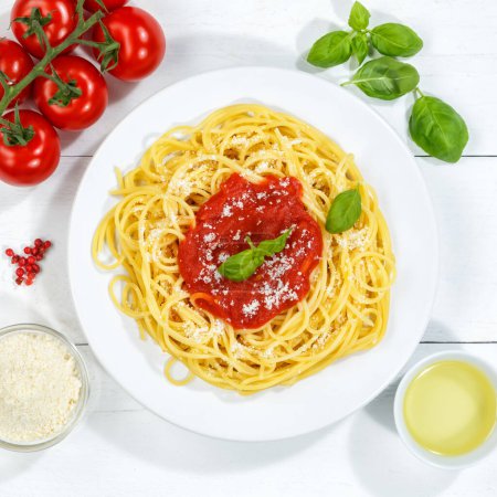 Photo for Spaghetti meal from Italy eat pasta lunch with tomato sauce from above square - Royalty Free Image