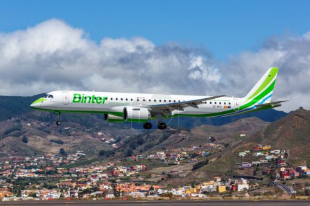 Photo for Tenerife, Spain - September 22, 2022 Binter Embraer 195 E2 airplane at Tenerife Norte airport (TFN) in Spain. - Royalty Free Image