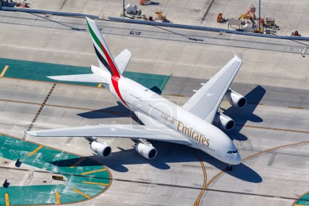 Photo for Los Angeles, United States - November 4, 2022 Emirates Airbus A380-800 airplane at Los Angeles airport (LAX) in the United States aerial view. - Royalty Free Image