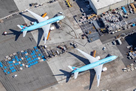 Photo for Los Angeles, United States  November 4, 2022 Korean Air Cargo Boeing 777-F airplanes aerial photo at Los Angeles airport (LAX) in the United States. - Royalty Free Image