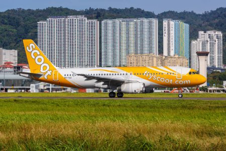 Photo for Penang, Malaysia - February 8, 2023 Scoot Airbus A320 airplane at Penang Airport in Malaysia. - Royalty Free Image