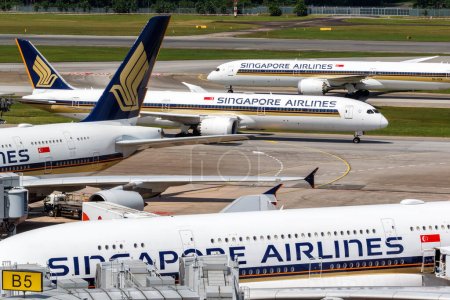 Photo for Changi, Singapore - February 3, 2023 Singapore Airlines airplanes at Changi Airport (SIN) in Singapore. - Royalty Free Image