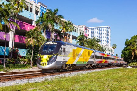 Photo for West Palm Beach, United States - November 14, 2022 Brightline private inter-city rail train in West Palm Beach in Florida, United States. - Royalty Free Image