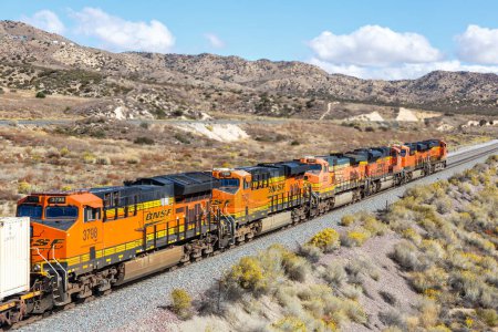 Photo for Los Angeles, United States - November 3, 2022 BNSF Railway freight train at Cajon Pass near Los Angeles, United States. - Royalty Free Image