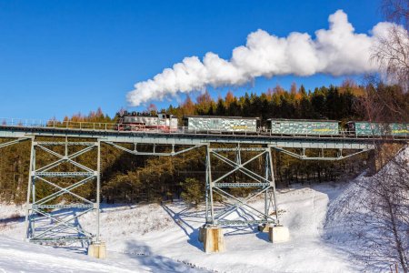 Foto de Oberwiesenthal, Alemania - 18 de diciembre de 2022 Fichtelbergbahn tren de vapor locomotora ferroviaria en un puente en invierno en Oberwiesenthal, Alemania. - Imagen libre de derechos