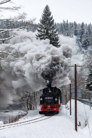 Foto de Jhstadt, Alemania - 17 de diciembre de 2022 Pressnitztalbahn steam train locomotive railway in winter portrait format in Jhstadt, Alemania. - Imagen libre de derechos