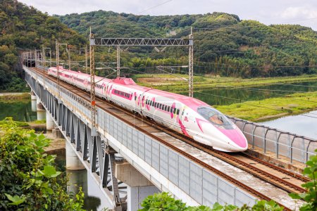 Photo for Kurashiki, Japan - October 1, 2023: Shinkansen Hello Kitty high-speed train operated by Japan Rail JR West on Sanyo Shinkansen line in Kurashiki, Japan. - Royalty Free Image