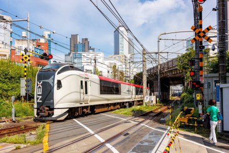 Téléchargez les photos : Tokyo, Japon - 26 septembre 2023 : Train Narita Express N'EX de Japan Rail JR East à la ligne Saikyo près de Yoyogi à Tokyo, Japon. - en image libre de droit
