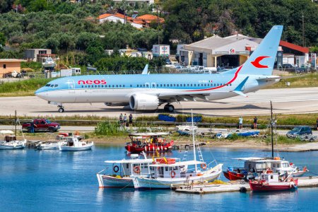 Photo for Skiathos, Greece - June 30, 2023: Neos Boeing 737 MAX 8 airplane at Skiathos Airport (JSI) in Greece. - Royalty Free Image