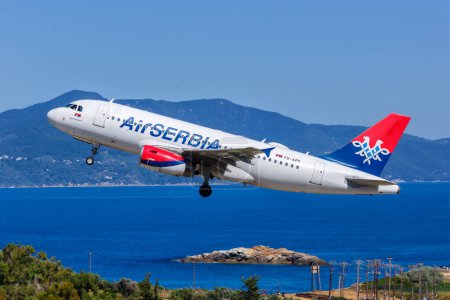Photo for Skiathos, Greece - June 27, 2023: Air Serbia Airbus A319 airplane at Skiathos Airport (JSI) in Greece. - Royalty Free Image