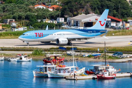 Photo for Skiathos, Greece - June 30, 2023: TUI Airlines Nederland Boeing 737 MAX 8 airplane at Skiathos Airport (JSI) in Greece. - Royalty Free Image