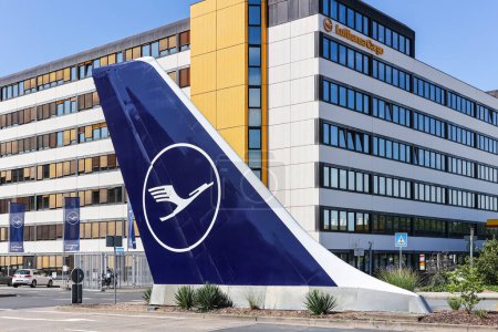 Photo for Frankfurt, Germany - July 18, 2023: Aircraft tail at Lufthansa headquarters at Frankfurt Airport (FRA) in Germany. - Royalty Free Image