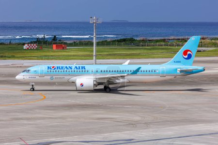 Photo for Okinawa, Japan - October 3, 2023: Korean Air Airbus A220-300 airplane at Okinawa Naha Airport (OKA) in Japan. - Royalty Free Image