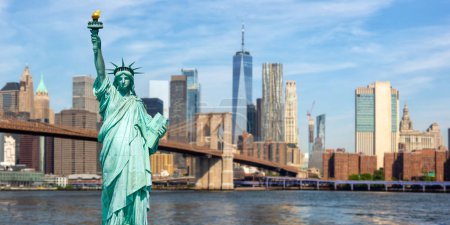 Photo for New York City skyline of Manhattan with Statue of Liberty, Brooklyn Bridge and World Trade Center photomontage panorama traveling in the United States - Royalty Free Image