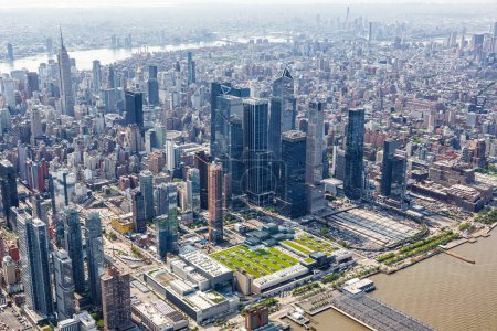 Photo for New York City skyline aerial view of Manhattan Hudson Yards neighborhood skyscraper traveling in the United States - Royalty Free Image