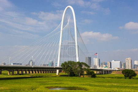 Photo for Dallas skyline at Trinity River and Margaret Hunt Hill Bridge traveling in Texas, United States - Royalty Free Image