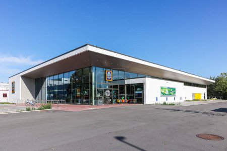 Photo for Stuttgart, Germany - July 30, 2023: Aldi branch modern supermarket discount shop store discounter in Stuttgart, Germany. - Royalty Free Image