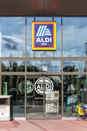 Photo for Stuttgart, Germany - July 30, 2023: Aldi branch modern supermarket discount shop store discounter in Stuttgart, Germany. - Royalty Free Image