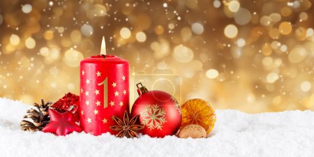 Photo for First 1st Sunday in advent with candle Christmas time decoration panorama golden with copyspace copy space - Royalty Free Image