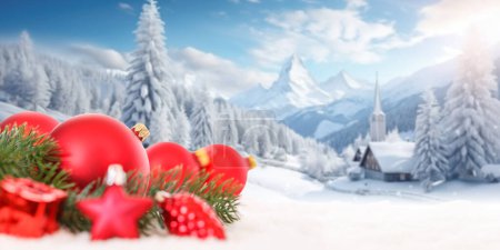 Christmas card with balls baubles background copyspace copy space in the mountains panorama merry winter decoration snow