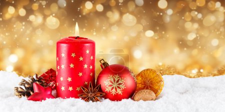Photo for Christmas card advent time with burning candle decoration panorama gold golden background with copyspace copy space - Royalty Free Image
