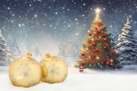 Foto de Tarjeta de Navidad con bolas bolas árbol fondo copyspace espacio espacio decoración invitación invierno copos de nieve - Imagen libre de derechos