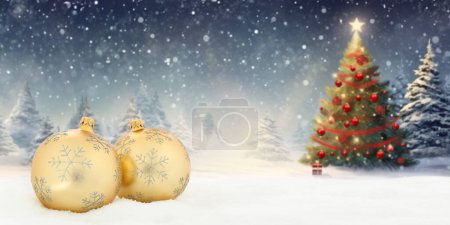 Téléchargez les photos : Carte de Noël avec boules boules arbre fond copyspace copier espace décoration hiver invitation panorama neige flocons - en image libre de droit