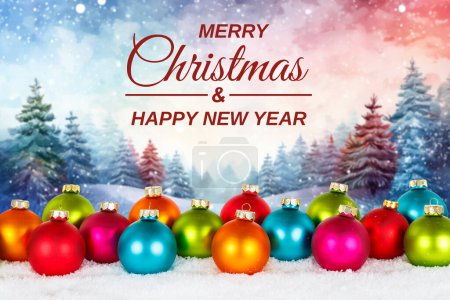 Photo for Merry Christmas card with balls baubles and winter forest background deco decoration - Royalty Free Image