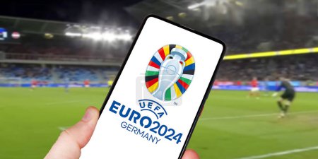 Photo for Germany - May 1, 2024: UEFA Euro 2024 Germany European Football Championship Europe logo on a mobile photomontage in Germany. - Royalty Free Image