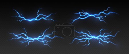 Ilustración de Rayo de tormenta, rayo, cremallera eléctrica realista, efecto de luz de explosión de flash de energía, rayo azul aislado sobre fondo oscuro. Ilustración vectorial. - Imagen libre de derechos