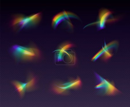 Illustration for Crystal refraction overlay, leak flare, rainbow sunlight effect, holographic reflections isolated on a black background. Blurred optical rays, vintage camera glares. Vector illustration. - Royalty Free Image