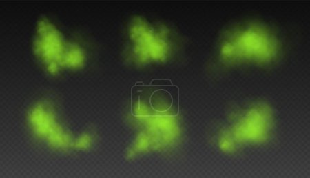 Green smoke, toxic cloud, realistic chemical gas, bad odour concept isolated on dark background. Vector illustration.