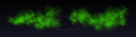 Green smoke clouds, toxic vapor or haze isolated on black, abstract smoky overlay. Vector illustration.