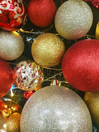 Photo for Christmas decorations for compositions. Shiny balls, tinsel. holiday background. Copy space for text - Royalty Free Image