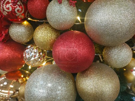 Photo for Christmas decorations for compositions. Shiny balls, tinsel. holiday background. Copy space for text - Royalty Free Image