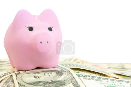Foto de Hucha rosada, dólares sobre fondo blanco. concepto de ahorro, recaudación de fondos - Imagen libre de derechos
