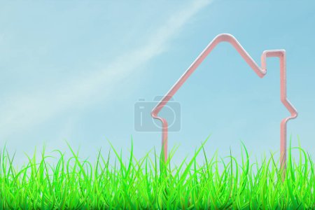 Téléchargez les photos : Le contour de la future maison en herbe verte contre le ciel bleu. Le concept de conception et de construction - en image libre de droit